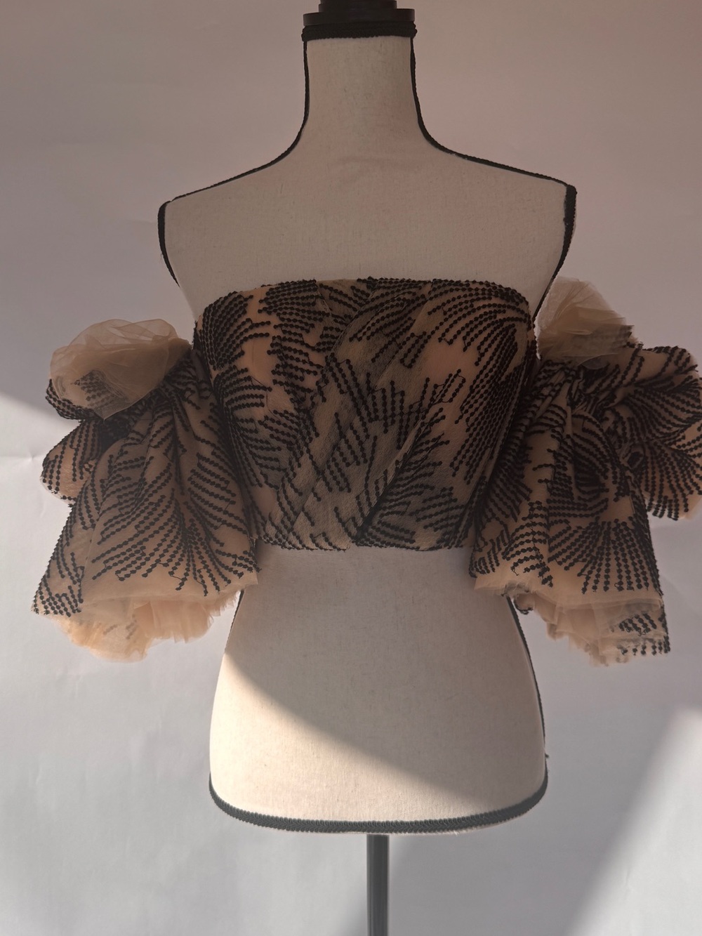 Acler Nude Tulle Crop Top with Black Beaded Embroidery